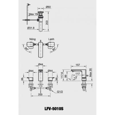 Vòi chậu lavabo inax LFV-5010S nóng lạnh riêng 3 lỗ