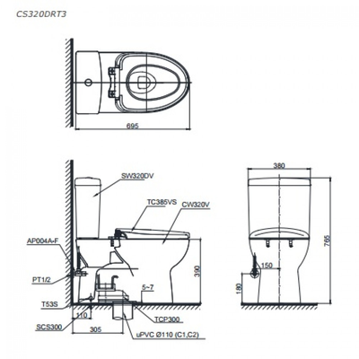 Bồn cầu 2 khối TOTO CS320DRT3 nắp đóng êm