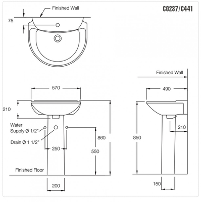 Chậu lavabo Cotto C0237/C411 chân dài Sasha