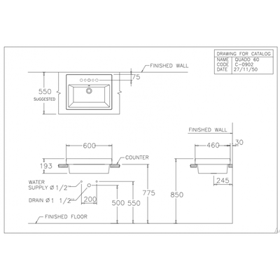 Chậu lavabo Cotto C0902 đặt bàn Quado 60