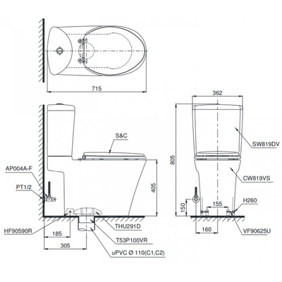 Bồn cầu 2 khối TOTO CS819DST3 nắp đóng êm