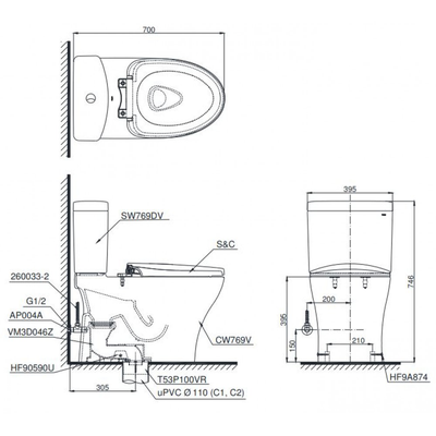 Bồn cầu 2 khối TOTO CS769DT3 nắp đóng êm