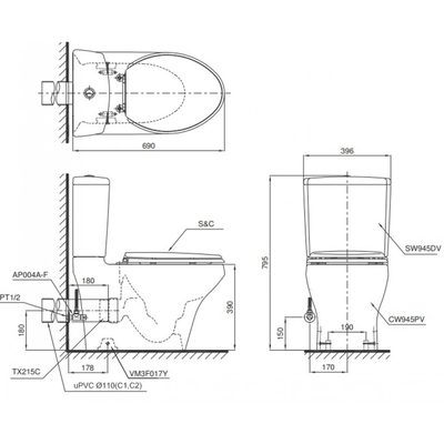 Bồn cầu 2 khối TOTO CS945PDT3 nắp đóng êm