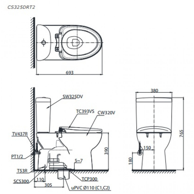 Bồn cầu 2 khối TOTO CS325DRT2 nắp đóng êm