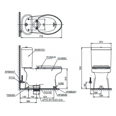 Bồn cầu 2 khối TOTO CS351DT3 nắp đóng êm