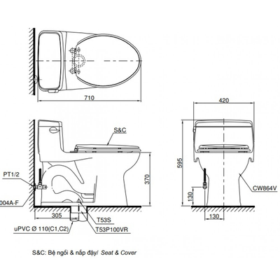 Bồn cầu 1 khối TOTO MS864T8 nắp đóng êm