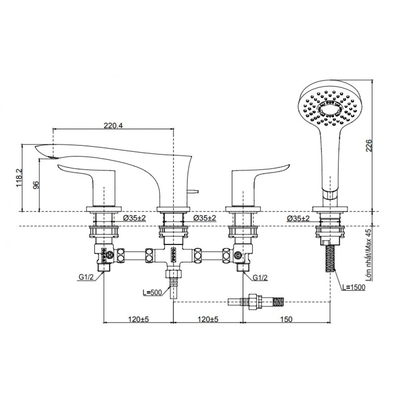 Vòi xả bồn tắm TOTO TBG01202B nóng lạnh 4 lỗ