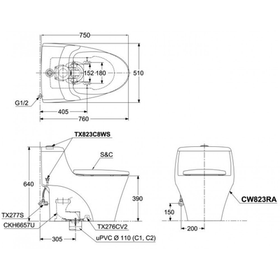 Bồn cầu TOTO CW823REAW12 nắp điện tử