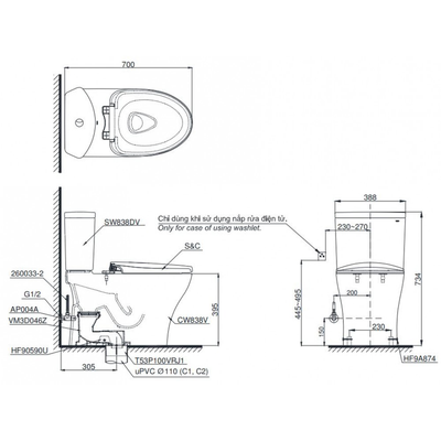 Bồn cầu 2 khối TOTO CS838DT3 nắp đóng êm