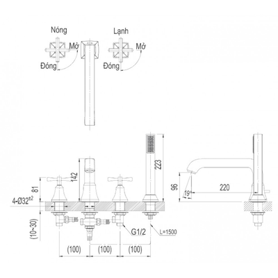 Vòi sen xả bồn INAX BFV-8100B 4 lỗ nóng lạnh