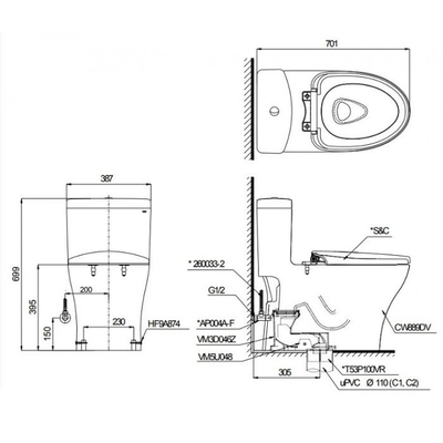 Bồn cầu TOTO MS889DRW14 nắp điện tử