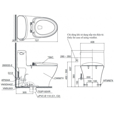 Bồn cầu TOTO MS887RW14 nắp điện tử