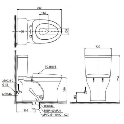 Bàn cầu TOTO CS735DT10 hai khối nắp đóng êm TC395VS