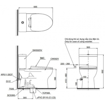 Bàn cầu TOTO CS302DT10 hai khối nắp đóng êm TC395VS