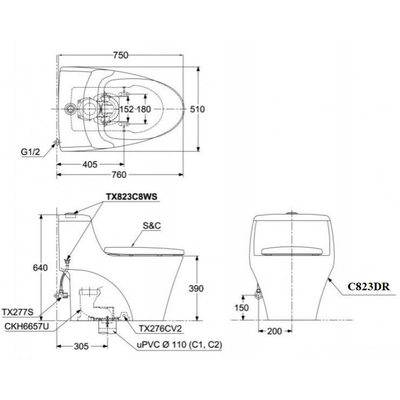 Bàn cầu TOTO MS823DRE4 một khối, nắp đóng êm kèm vòi rửa nước lạnh TCW1211A