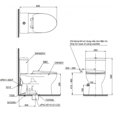 Bàn cầu TOTO CS302DE4 hai khối, nắp đóng êm