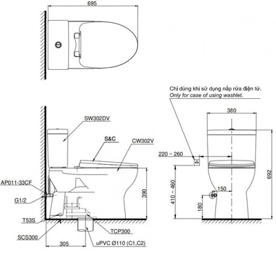 Bàn cầu TOTO CS302DE2 hai khối, nắp đóng êm