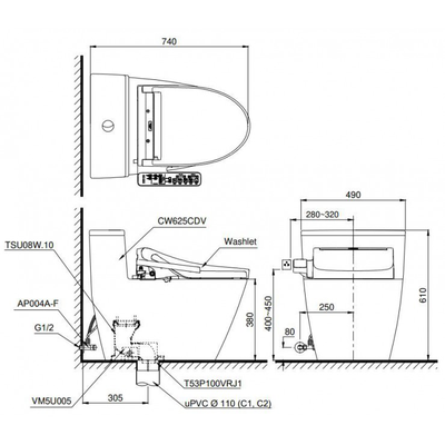 Bàn cầu TOTO MS625CDW12 nắp rửa điện tử WASHLET