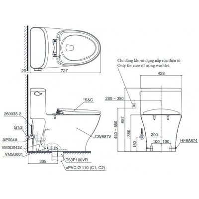 Bàn cầu TOTO MS887RW16 nắp rửa điện tử WASHLET dòng C2 