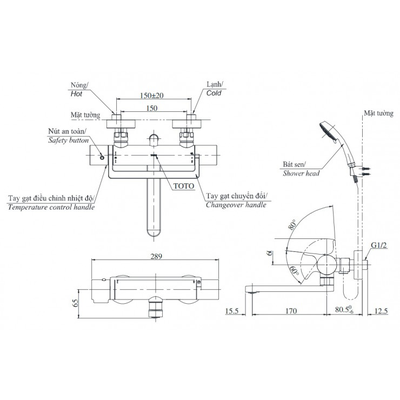 Bộ sen tắm TOTO TBV03429V/TBW01010A nóng lạnh